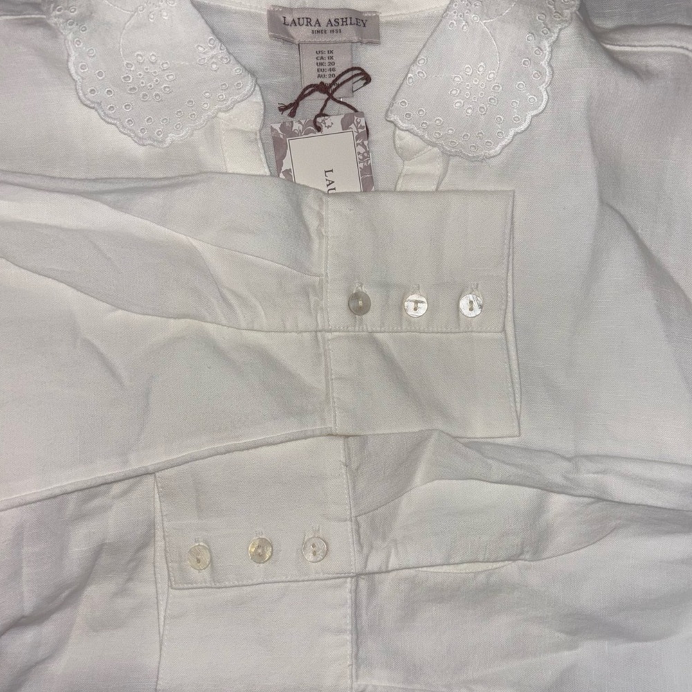 Laura Ashley Blouse Linen Cotton Blend Button Front Long Sleeve Eyelet Collar 1X - Picture 7 of 13
